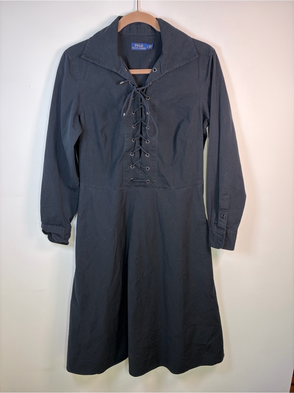 Polo Ralph Lauren Black Lace-Up Long Sleeve Cotton Shirt Dress-8-Wednesday Adams